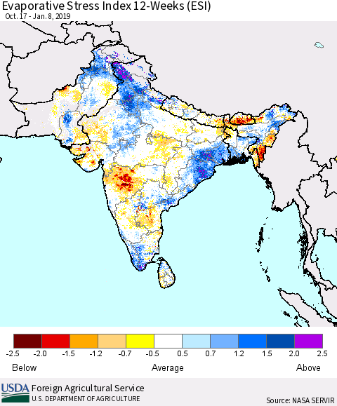 Southern Asia Evaporative Stress Index (ESI), 12-Weeks Thematic Map For 1/7/2019 - 1/13/2019
