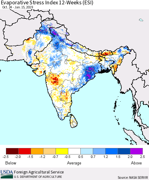 Southern Asia Evaporative Stress Index (ESI), 12-Weeks Thematic Map For 1/14/2019 - 1/20/2019