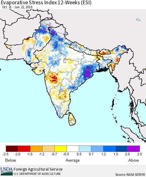 Southern Asia Evaporative Stress Index (ESI), 12-Weeks Thematic Map For 1/21/2019 - 1/27/2019