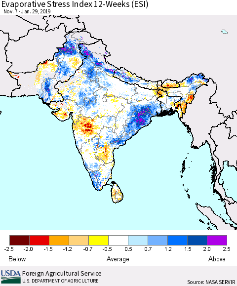 Southern Asia Evaporative Stress Index (ESI), 12-Weeks Thematic Map For 1/28/2019 - 2/3/2019