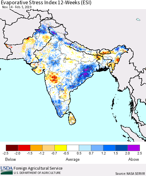 Southern Asia Evaporative Stress Index (ESI), 12-Weeks Thematic Map For 2/4/2019 - 2/10/2019