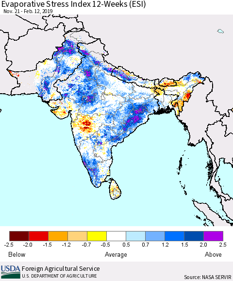Southern Asia Evaporative Stress Index (ESI), 12-Weeks Thematic Map For 2/11/2019 - 2/17/2019