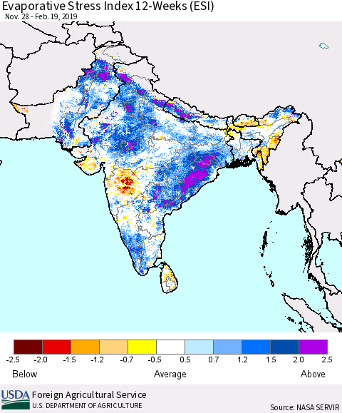 Southern Asia Evaporative Stress Index (ESI), 12-Weeks Thematic Map For 2/18/2019 - 2/24/2019