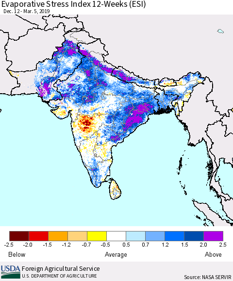 Southern Asia Evaporative Stress Index (ESI), 12-Weeks Thematic Map For 3/4/2019 - 3/10/2019