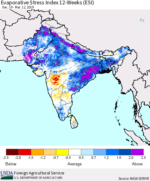 Southern Asia Evaporative Stress Index (ESI), 12-Weeks Thematic Map For 3/11/2019 - 3/17/2019