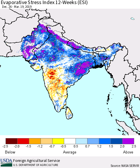 Southern Asia Evaporative Stress Index (ESI), 12-Weeks Thematic Map For 3/18/2019 - 3/24/2019