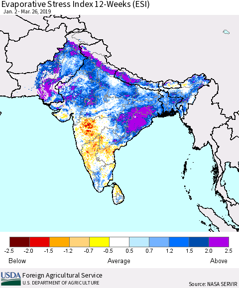 Southern Asia Evaporative Stress Index (ESI), 12-Weeks Thematic Map For 3/25/2019 - 3/31/2019