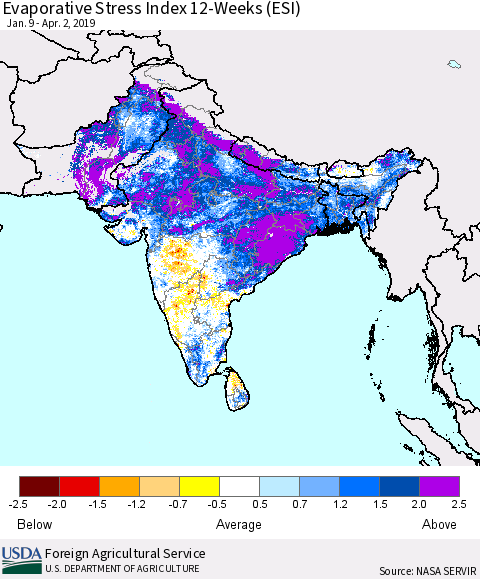 Southern Asia Evaporative Stress Index (ESI), 12-Weeks Thematic Map For 4/1/2019 - 4/7/2019