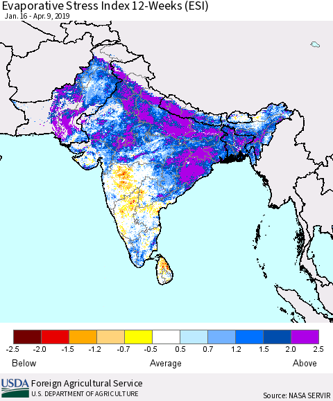 Southern Asia Evaporative Stress Index (ESI), 12-Weeks Thematic Map For 4/8/2019 - 4/14/2019