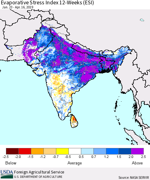 Southern Asia Evaporative Stress Index (ESI), 12-Weeks Thematic Map For 4/15/2019 - 4/21/2019