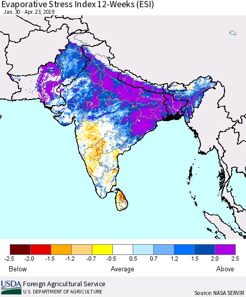Southern Asia Evaporative Stress Index (ESI), 12-Weeks Thematic Map For 4/22/2019 - 4/28/2019