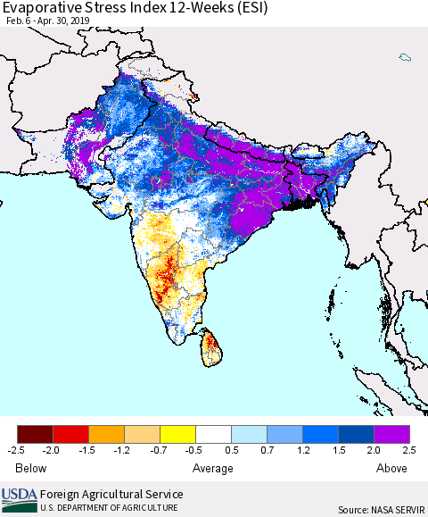 Southern Asia Evaporative Stress Index (ESI), 12-Weeks Thematic Map For 4/29/2019 - 5/5/2019