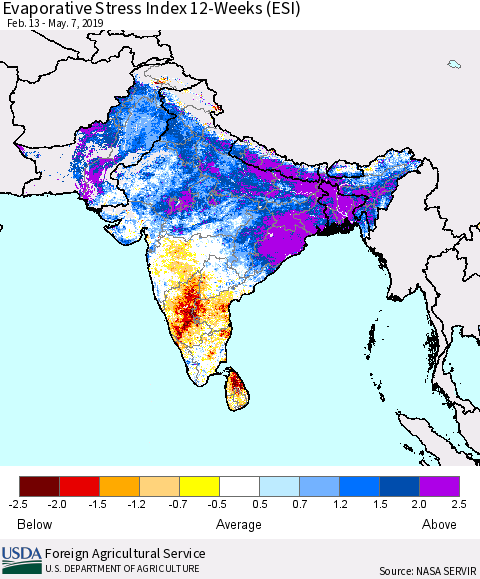 Southern Asia Evaporative Stress Index (ESI), 12-Weeks Thematic Map For 5/6/2019 - 5/12/2019