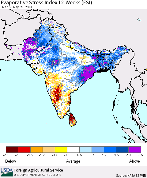 Southern Asia Evaporative Stress Index (ESI), 12-Weeks Thematic Map For 5/27/2019 - 6/2/2019