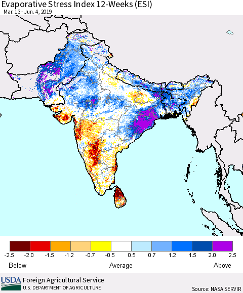 Southern Asia Evaporative Stress Index (ESI), 12-Weeks Thematic Map For 6/3/2019 - 6/9/2019