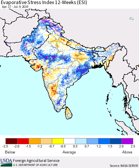 Southern Asia Evaporative Stress Index (ESI), 12-Weeks Thematic Map For 7/8/2019 - 7/14/2019