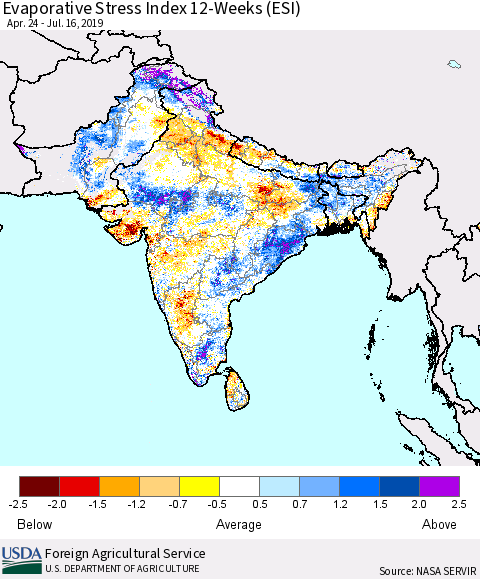 Southern Asia Evaporative Stress Index 12-Weeks (ESI) Thematic Map For 7/15/2019 - 7/21/2019