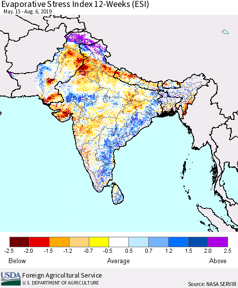 Southern Asia Evaporative Stress Index (ESI), 12-Weeks Thematic Map For 8/5/2019 - 8/11/2019