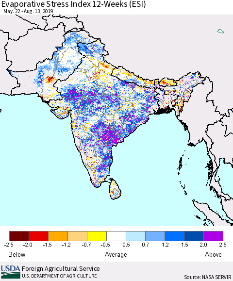 Southern Asia Evaporative Stress Index (ESI), 12-Weeks Thematic Map For 8/12/2019 - 8/18/2019