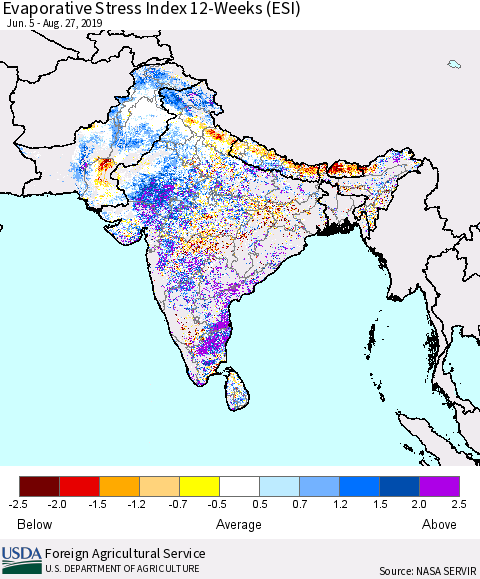 Southern Asia Evaporative Stress Index (ESI), 12-Weeks Thematic Map For 8/26/2019 - 9/1/2019