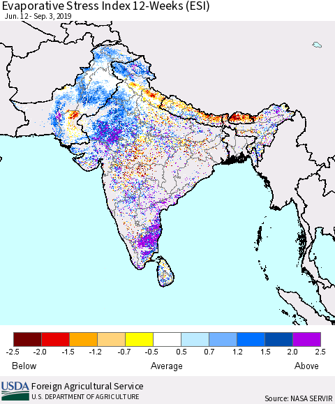 Southern Asia Evaporative Stress Index (ESI), 12-Weeks Thematic Map For 9/2/2019 - 9/8/2019
