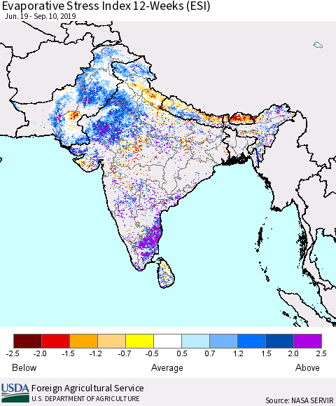 Southern Asia Evaporative Stress Index 12-Weeks (ESI) Thematic Map For 9/9/2019 - 9/15/2019