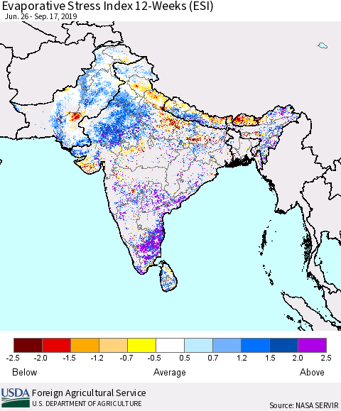 Southern Asia Evaporative Stress Index (ESI), 12-Weeks Thematic Map For 9/16/2019 - 9/22/2019