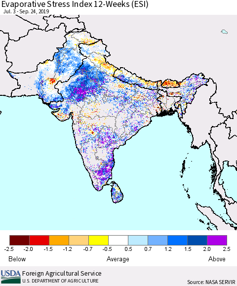 Southern Asia Evaporative Stress Index 12-Weeks (ESI) Thematic Map For 9/23/2019 - 9/29/2019