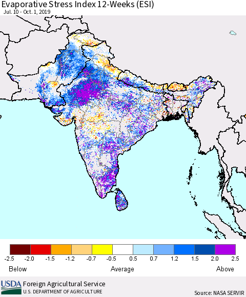 Southern Asia Evaporative Stress Index (ESI), 12-Weeks Thematic Map For 9/30/2019 - 10/6/2019