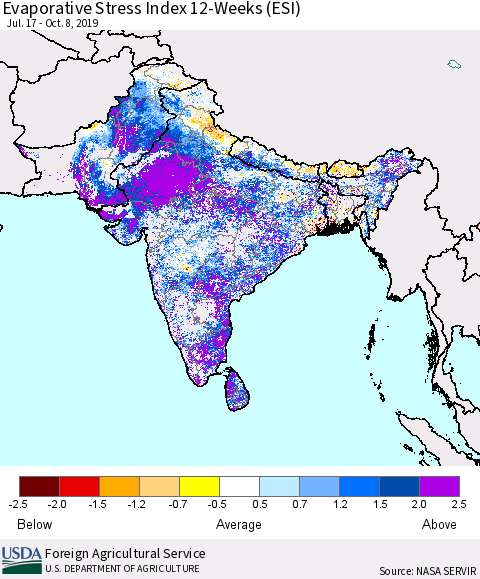 Southern Asia Evaporative Stress Index (ESI), 12-Weeks Thematic Map For 10/7/2019 - 10/13/2019