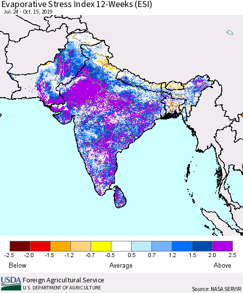 Southern Asia Evaporative Stress Index (ESI), 12-Weeks Thematic Map For 10/14/2019 - 10/20/2019