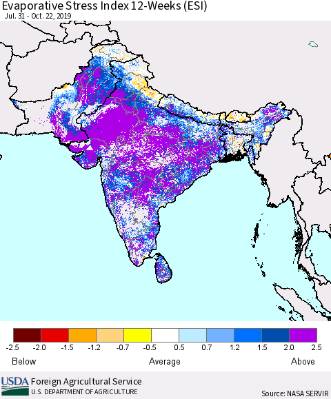 Southern Asia Evaporative Stress Index 12-Weeks (ESI) Thematic Map For 10/21/2019 - 10/27/2019