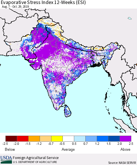Southern Asia Evaporative Stress Index 12-Weeks (ESI) Thematic Map For 10/28/2019 - 11/3/2019