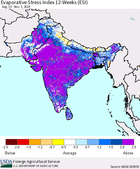 Southern Asia Evaporative Stress Index 12-Weeks (ESI) Thematic Map For 11/4/2019 - 11/10/2019