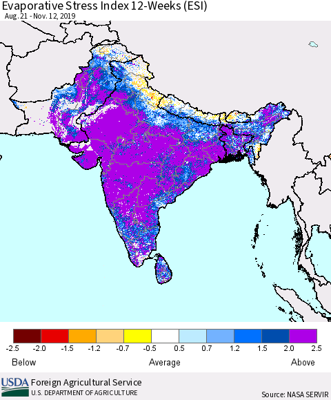 Southern Asia Evaporative Stress Index (ESI), 12-Weeks Thematic Map For 11/11/2019 - 11/17/2019