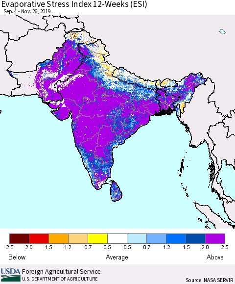Southern Asia Evaporative Stress Index 12-Weeks (ESI) Thematic Map For 11/25/2019 - 12/1/2019