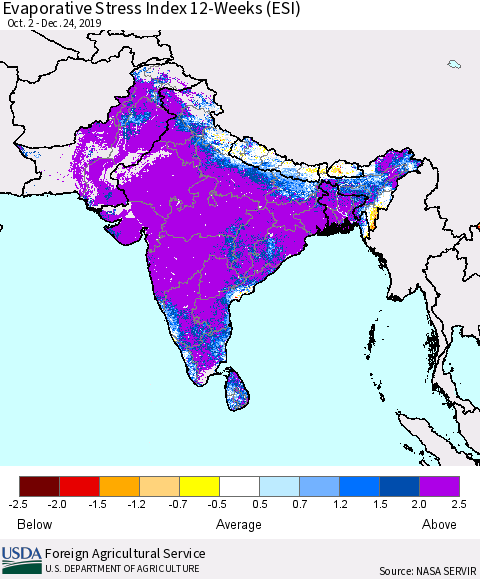 Southern Asia Evaporative Stress Index (ESI), 12-Weeks Thematic Map For 12/23/2019 - 12/29/2019