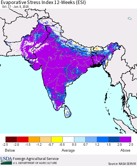 Southern Asia Evaporative Stress Index 12-Weeks (ESI) Thematic Map For 1/6/2020 - 1/12/2020