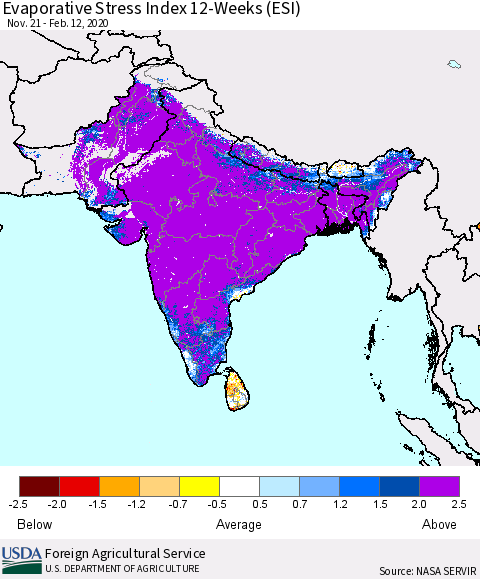 Southern Asia Evaporative Stress Index 12-Weeks (ESI) Thematic Map For 2/10/2020 - 2/16/2020