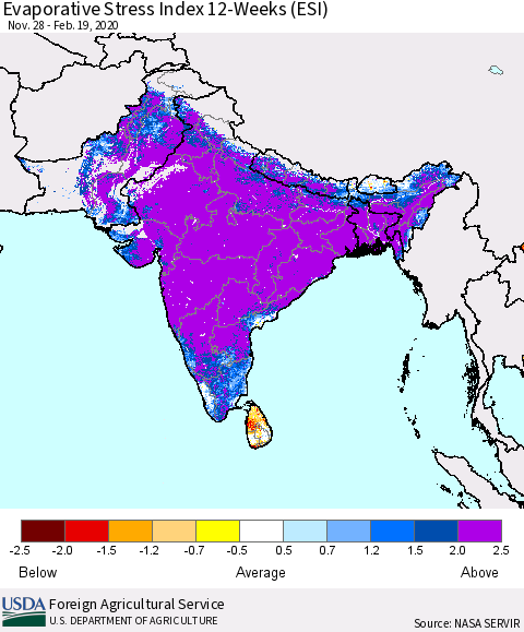 Southern Asia Evaporative Stress Index (ESI), 12-Weeks Thematic Map For 2/17/2020 - 2/23/2020