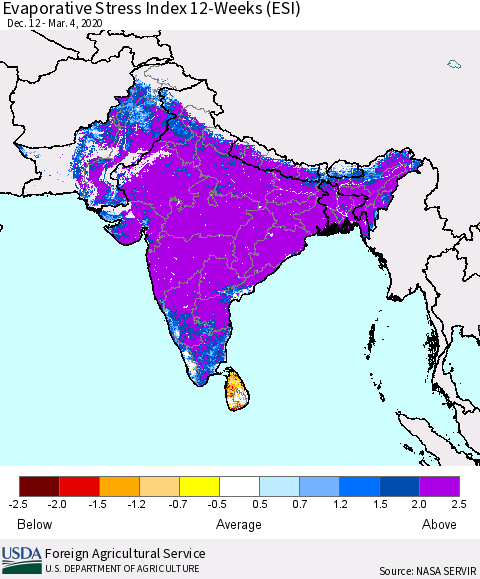 Southern Asia Evaporative Stress Index (ESI), 12-Weeks Thematic Map For 3/2/2020 - 3/8/2020