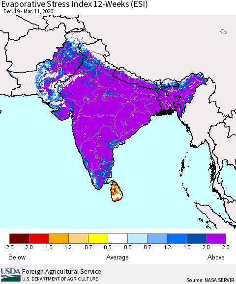 Southern Asia Evaporative Stress Index 12-Weeks (ESI) Thematic Map For 3/9/2020 - 3/15/2020