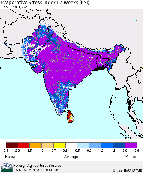 Southern Asia Evaporative Stress Index 12-Weeks (ESI) Thematic Map For 3/30/2020 - 4/5/2020