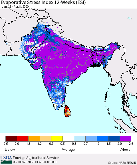 Southern Asia Evaporative Stress Index (ESI), 12-Weeks Thematic Map For 4/6/2020 - 4/12/2020