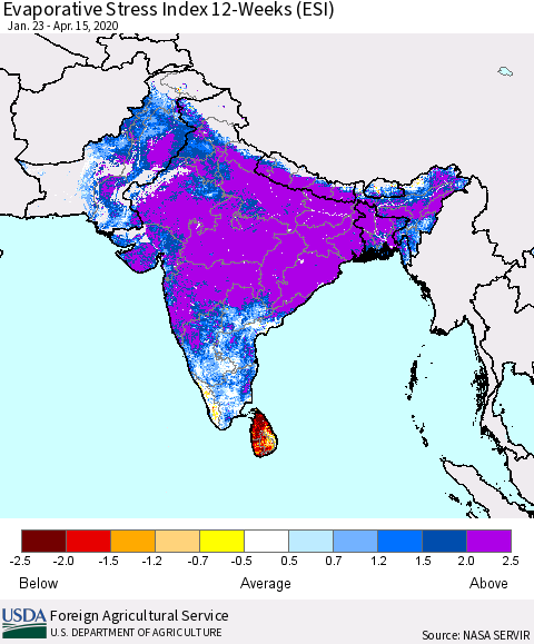 Southern Asia Evaporative Stress Index (ESI), 12-Weeks Thematic Map For 4/13/2020 - 4/19/2020