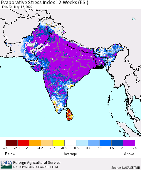 Southern Asia Evaporative Stress Index (ESI), 12-Weeks Thematic Map For 5/11/2020 - 5/17/2020