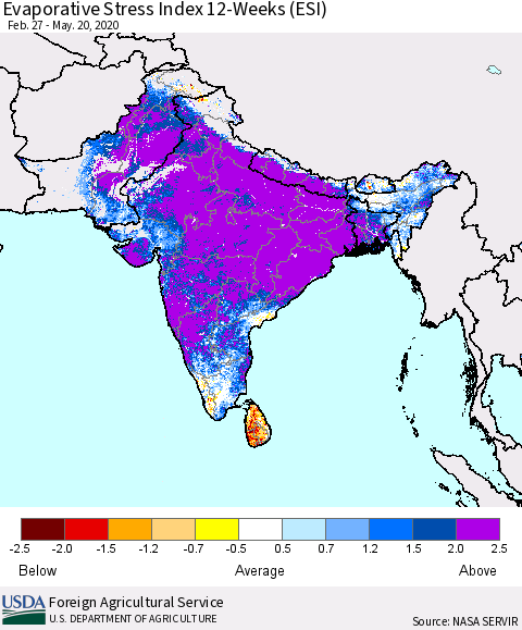Southern Asia Evaporative Stress Index (ESI), 12-Weeks Thematic Map For 5/18/2020 - 5/24/2020