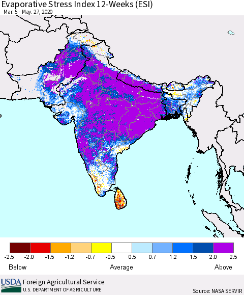 Southern Asia Evaporative Stress Index (ESI), 12-Weeks Thematic Map For 5/25/2020 - 5/31/2020
