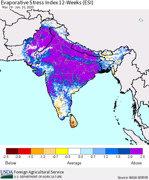 Southern Asia Evaporative Stress Index (ESI), 12-Weeks Thematic Map For 6/8/2020 - 6/14/2020