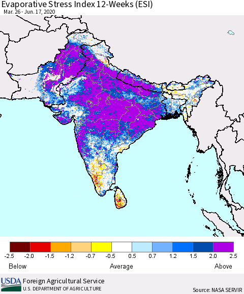 Southern Asia Evaporative Stress Index (ESI), 12-Weeks Thematic Map For 6/15/2020 - 6/21/2020